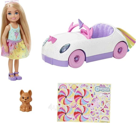 Набор Кукла Барби: Челси и Кабриолет единорог с наклейками. Barbie Club Chelsea Doll with Unicorn-Themed Car