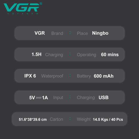 Электробритва VGR V-387, роторная, выдвижной триммер, IPX6, LED дисплей | Зображення 4