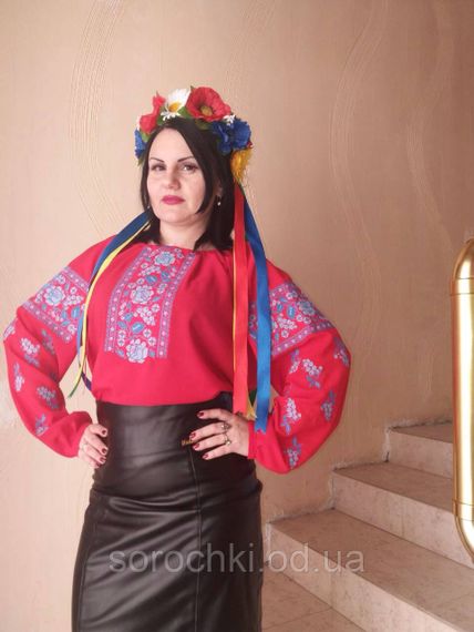 Блузка женская , красная с вышивкой , цветы , "маки с виноградом" шифон | Зображення 1