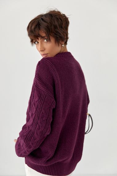 Вільна в'язана кофта в косички - баклажан цвет, ONE SIZE (є розміри) | Зображення 1