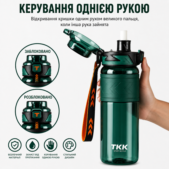 Пляшка спортивна TKK Tritan 1000 мл — Зелена, ударостійка, BPA-free, з ремінцем та відкидною кришкою | Зображення 4
