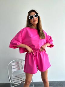 Женский летний костюм шорты и футболка оверсайз LU201 цвет розовый, размер onesize S-XL