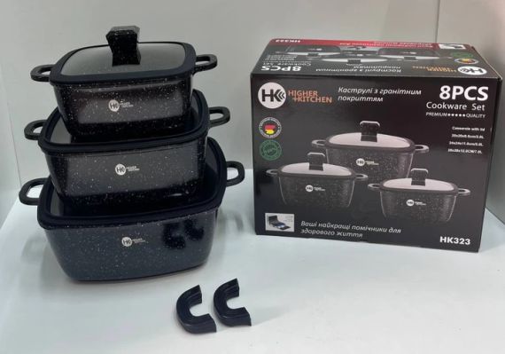 Набір квадратних каструль Higher Kitchen НК-323 Алюміній із гранітним покриттям 8 предметів Чорний | Зображення 2