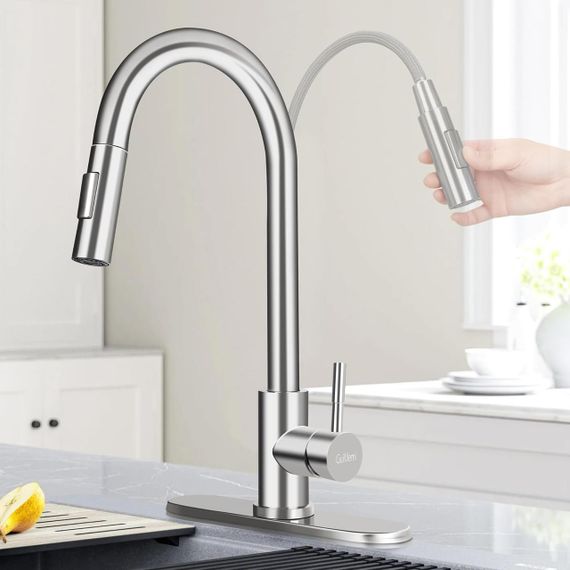 Змішувач для кухні з висувним шлангом та розпилювачем, нержавіюча сталь, обертання 360°, гнучкий кухонний змішувач для раковини