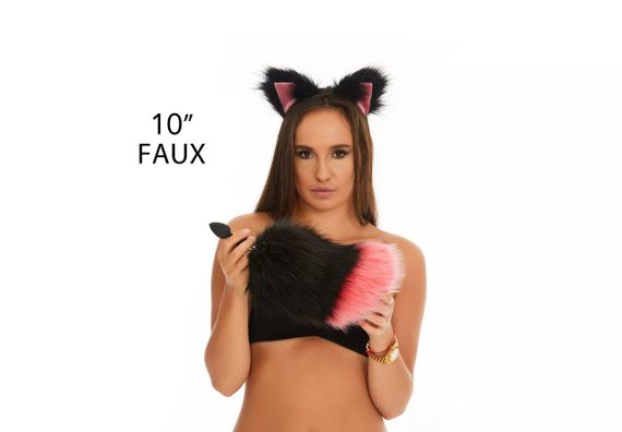 Анальный меховой хвост без пробки, Черный с ярко-розовым кончиком, OKOVA sexstyle