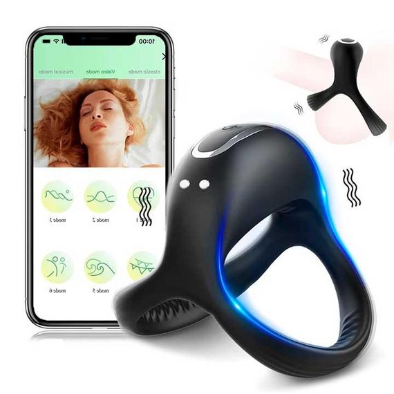 Тройное эрекционное смарт виброкольцо на пенис и мошонку "Love Spouse" - Черный