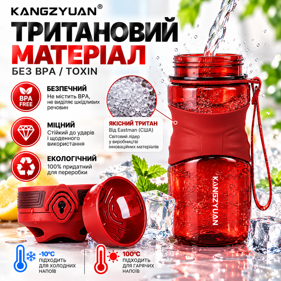 Бутылка для воды KANGZYUAN 450 мл спортивная красная из тритана Tritan BPA Free ударопрочная с эргономичной крышкой | Зображення 7