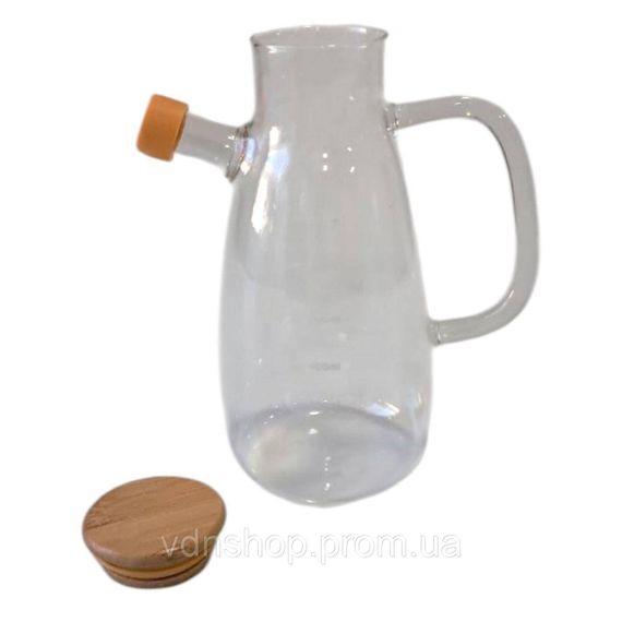 Стеклянная бутылка для масла и уксуса с носиком и дозатором 650 мл, деревянная крышка, квадратная ручка HP-34-1-650 | Зображення 2