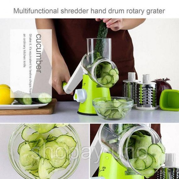 Овочерізка мультислайсер Tabletop Drum Grater Kitchen Master Терка для овочів та фруктів 3 насадки. Колір: зелений | Зображення 3