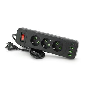 Сетевой фильтр F23U, 3 розетки EU +3 USB + PD, кнопка включения с индикатором, 2 м, 3х0,75мм, 2500W, Black, Box