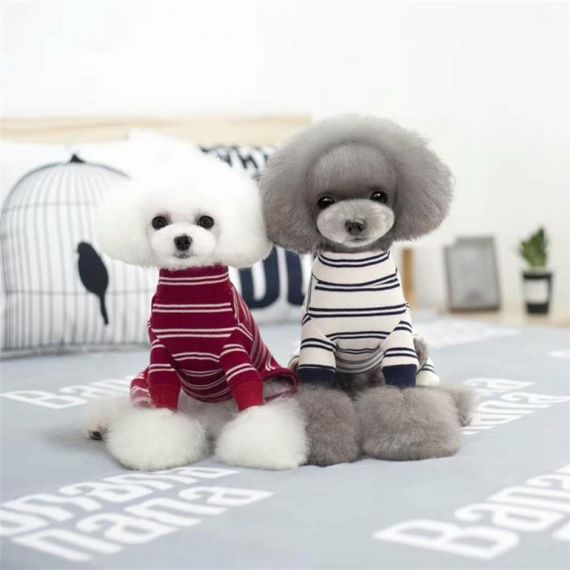 Трикотажный костюм для собак Cheepet с белыми полосками, удлиненные лапки, бордовый | Зображення 1