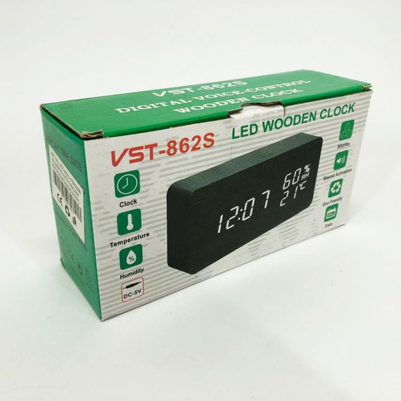 Электронные настольные часы VST-862S-4 черные с зеленой подсветкой, с датчиками температуры и влажности | Зображення 3