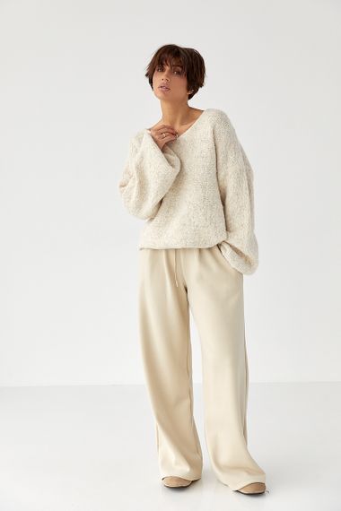 Теплі однотонні спортивні штани зі складками - бежевий цвет, L (є розміри) | Зображення 2