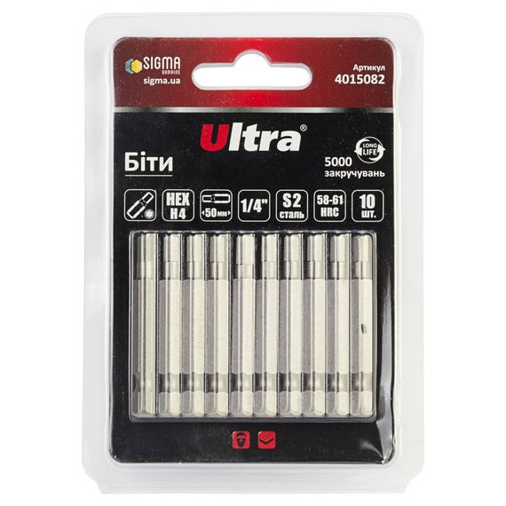 Набір біт Ultra HEX 4×50мм ¼" 10шт S2 (блістер) 4015082