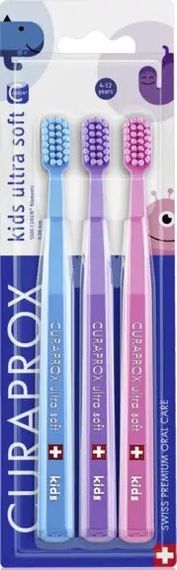 Набір дитячих зубних щіток Curaprox "kids ultra soft" від 4 до 12 років, 3 шт. (синя-фіолетова-лілова)