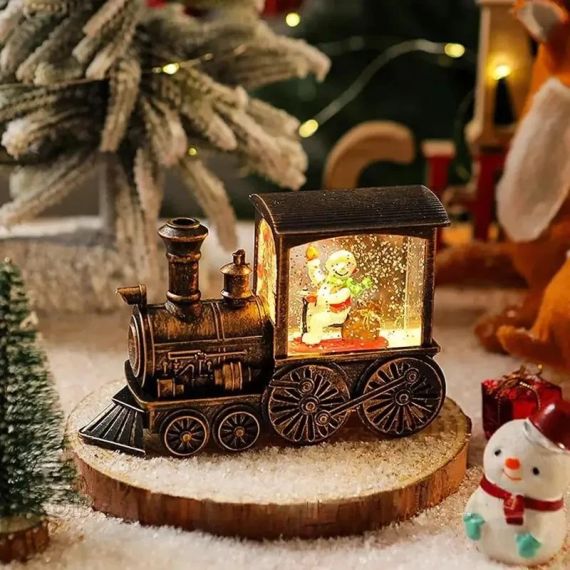 Ночник "Рождественский поезд" (13×8.5 см) Новогодний паровоз со снеговиком (светильник) / Декоративный снежный светильник HC-D013