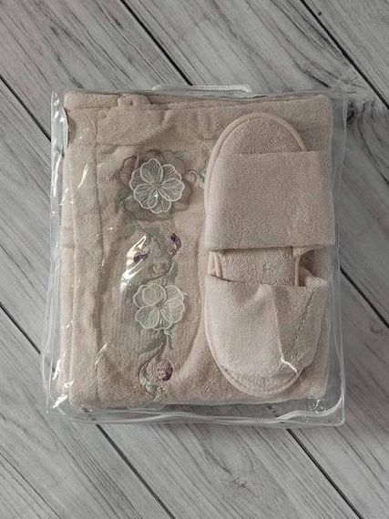 Набір жіночий сауну (рушник-спідниця, чалма, тапочки) Pupilla Flowers pudra Бамбук