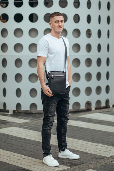 Шкіряна чоловіча сумка-барсетка через плече чорна Tiding Bag A25-1278C | Зображення 3