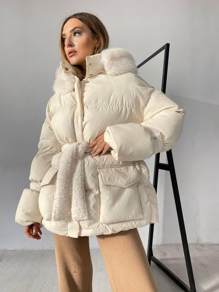 Пуховик з опушкою та капюшоном Cresh Puffer, молочний M-L | Зображення 1