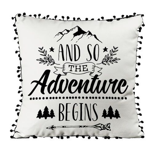 Подушка із мішковини з помпонами And so the adventure begins 45x45 см (45PHBP_URB005)