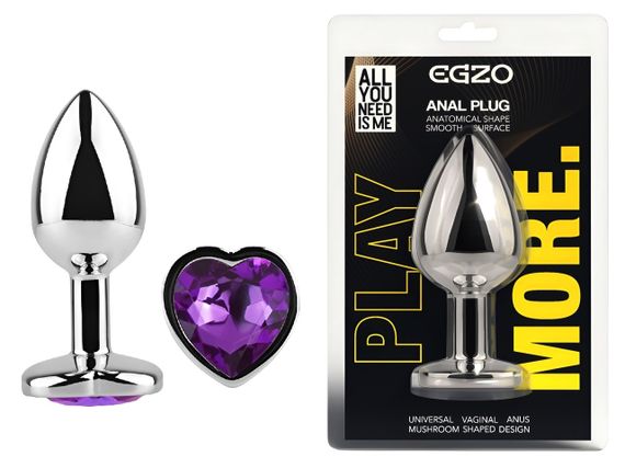 Анальна пробка з кристалом EGZO - Silver Heart Plug Purple size M Sex Aura