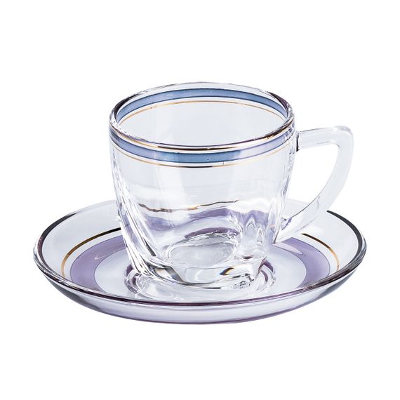 Чашки з блюдцем стеклянные прозрачные набор на 6 персон Синий | Зображення 1
