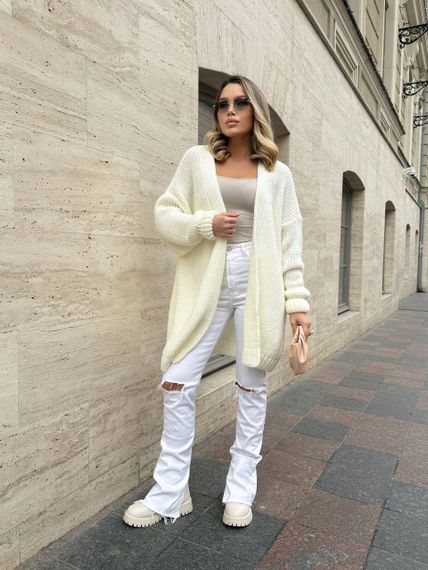 Женский вязаный теплый кардиган оверсайз цвет молочный размер onesize 44-54   ML5009 | Зображення 3