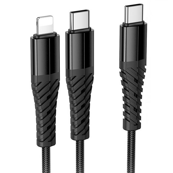 Дата кабель Hoco X123 Victory 2in1 Type-C to Lightning/Type-C 3A (1m) Black | Зображення 2