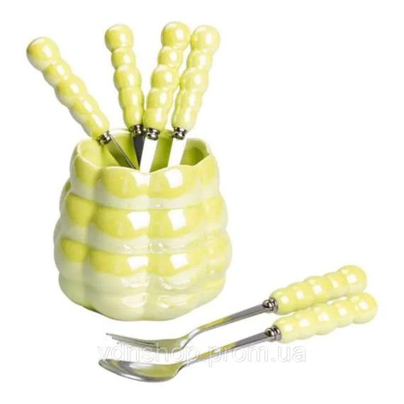 Набір десертних виделок і ложок на 3 персони з підставкою з порцелянау 7 предметів Зелений HP-20-58 | Зображення 1