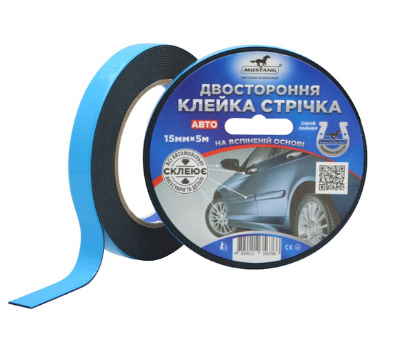 Стрічка двостороння спінена 15мм*5м Standart Мустанг