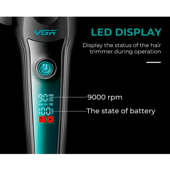 Аккумуляторная машинка для стрижки VGR V-195 GREEN, 8 насадок, 9000 RPM, 2500 mAh, LED дисплей | Зображення 2