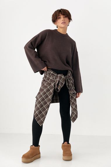 В'язана однотонна кофта з широкими рукавами - коричневий цвет, ONE SIZE (є розміри) | Зображення 2