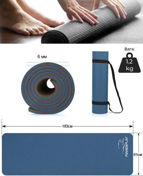 Килимок для йоги та фітнесу PowerPlay 4150 TPE Premium Performance Mat Синій (183x61x0.6) | Зображення 6