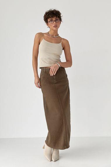 Котонова довга спідниця з розрізом - коричневий цвет, L (є розміри) | Зображення 2