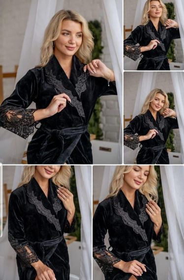 Женский халат Nusa 0383 длинный, велюровый с кружевом, черный M | Зображення 4