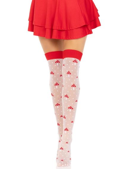 Панчохи Leg Avenue Polka Dot Mushroom Thigh Highs, One Size, біло-червоні, на резинці, малюнок — гриби Sex Aura | Зображення 4
