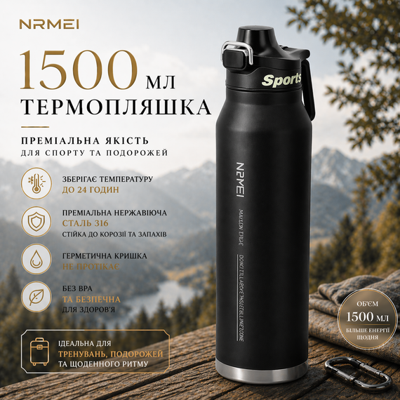Спортивна термопляшка NRMEI 1500 мл (чорна) — Вакуумна термопляшка з нержавіючої сталі Fashion Style для тренувань