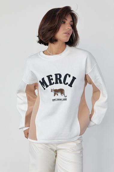 Утепленный свитшот с надписью Merci - молочный цвет, M (есть размеры) | Зображення 8