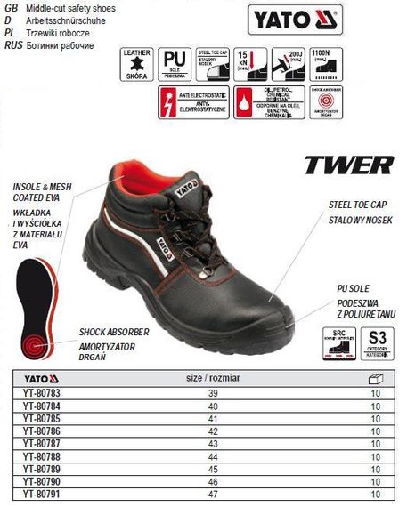 Черевики робочі шкіра YATO Польща TWER захист S3 розмір 43 YT-80787