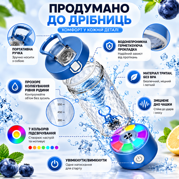 Электрический шейкер 650 мл синий аккумуляторный для протеина с LED-подсветкой USB Type-C и контейнером для порошка | Зображення 1