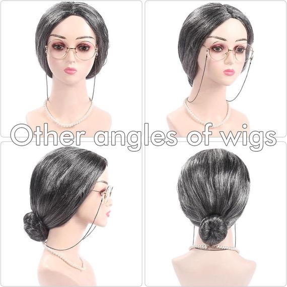 Парик седая бабушка с гулькой комплект для образа на Хэллоуин карнавал корпоратив косплей старая леди с очками | Зображення 3