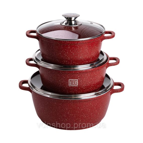 Набор из трех алюминиевых кастрюль с толстым дном и крышками с антипригарным покрытием MGC HP-4-408 | Зображення 3