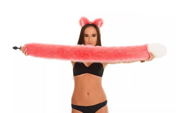 Анальний хутряний хвіст без пробки, Яскраво-рожевий з білим кінчиком, OKOVA 100 см. Sex Aura | Зображення 3