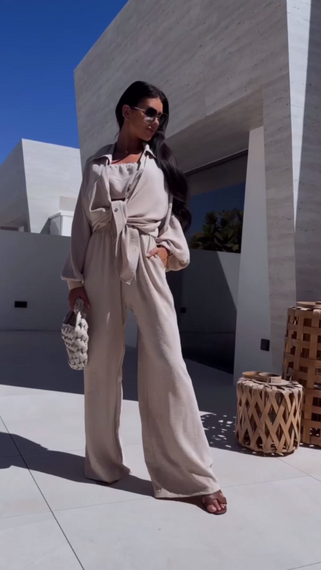 Женский летний костюм тройка брюки палаццо + рубашка + топ-бандо LY25030 цвет бежевый, размер 42/44 | Зображення 2