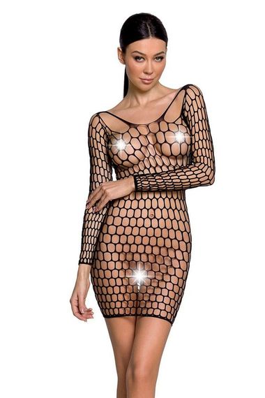Бодистокинг-платье с глубоким воротом Passion BS093 длинные рукава, Черный, One Size, ONE SIZE