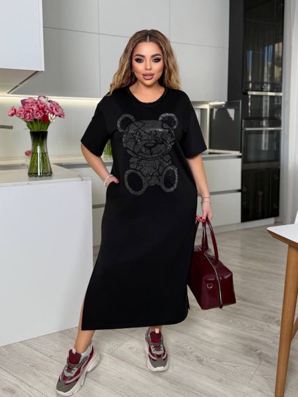 Женское платье-футболка длинное с коротким рукавом, больших и батальных размеров IS872, цвет черный, размер 50/52