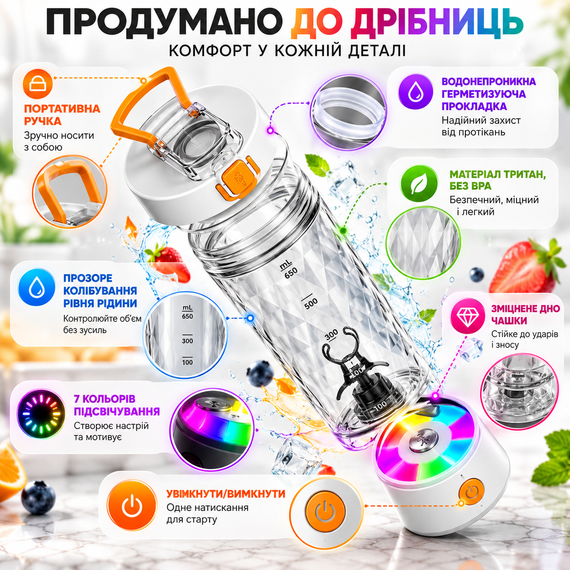 Електричний шейкер 650 мл білий акумуляторний для протеїну з LED-підсвічуванням, USB Type-C і контейнером для порошку | Зображення 1