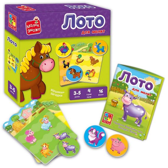 Дитяча настільна гра Лото "Ферма" VT2100-08, 16 фішок | Зображення 1