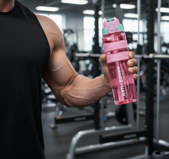 Спортивная бутылка KANGZYUAN 1000 мл (1 л) - Розовая Tritan BPA-free, ударопрочная эко-бутылка с трубочкой и ремешком | Зображення 7