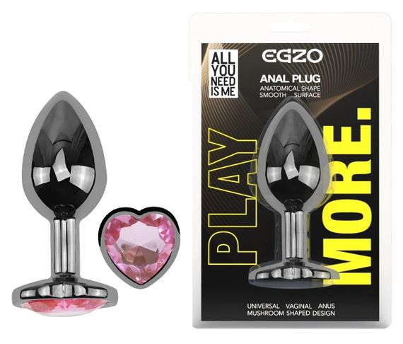 Анальна пробка EGZO Dark Silver Heart Plug S — металева, темно-срібляста, з рожевим серцем Sex Aura